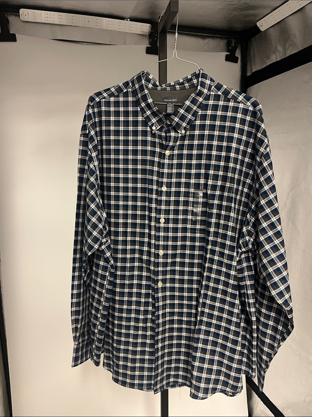 Van Heusen Navy and White Plaid Button-Down Shirt